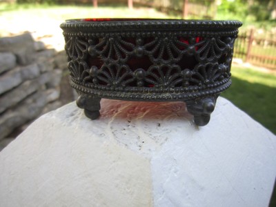 ANTIQUE VICTORIAN RUBY RED GLASS SALT CELLER IN FANCY PIERCED METAL STAND