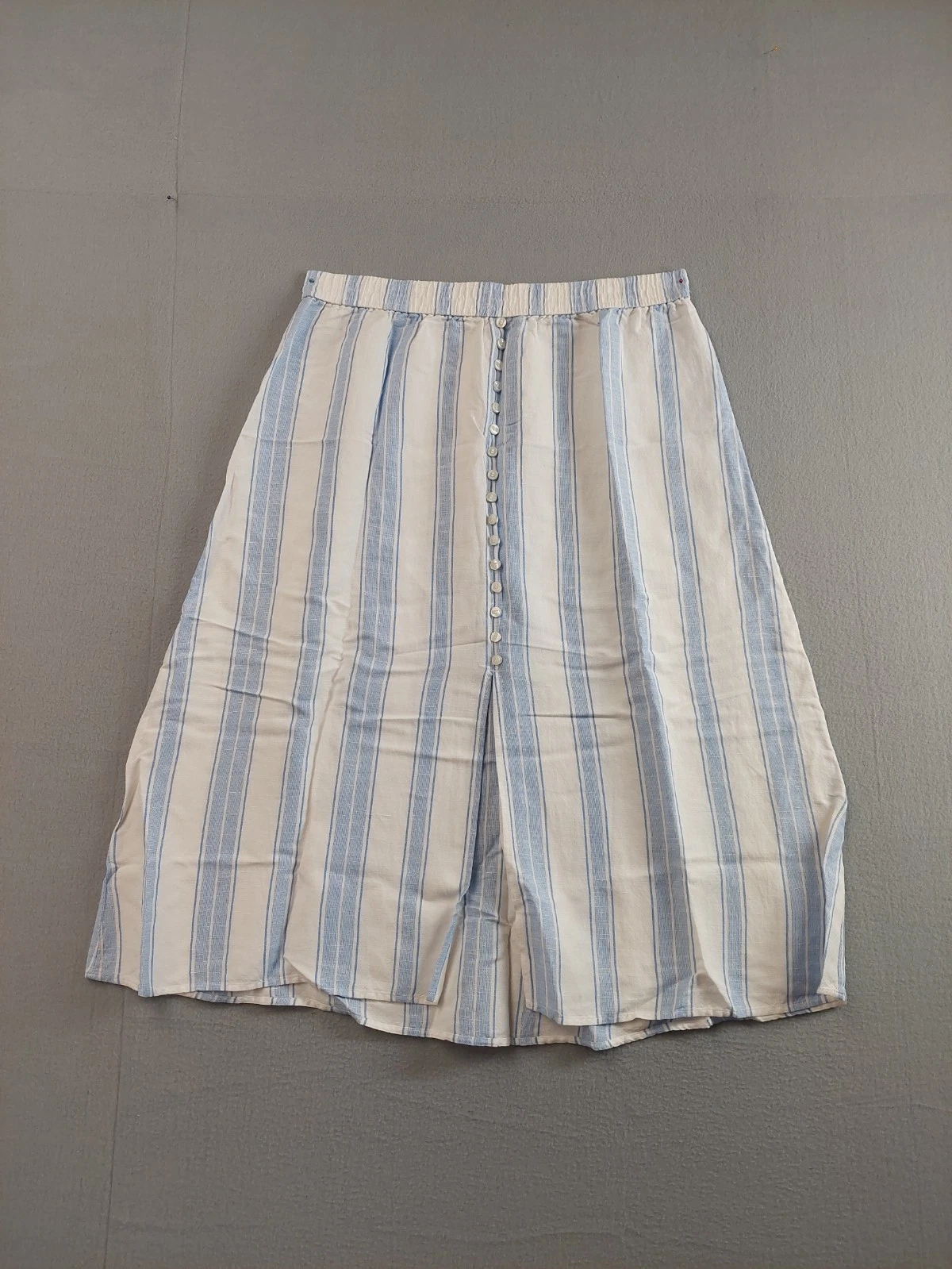 Loft Women Maxi Skirt L Blue White Striped Elastic Waist Button Pull On Boho