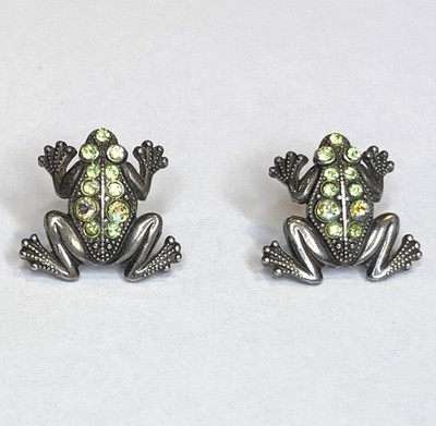 Silver Tone Green Rhinestone Frog Post Earrings