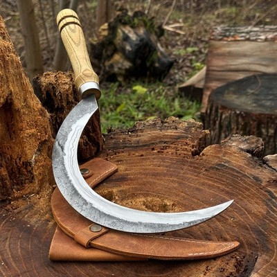 Forged Gardening Sickle 7.48'' Blade Carbon Steel with Leather Sheath Belt Loop