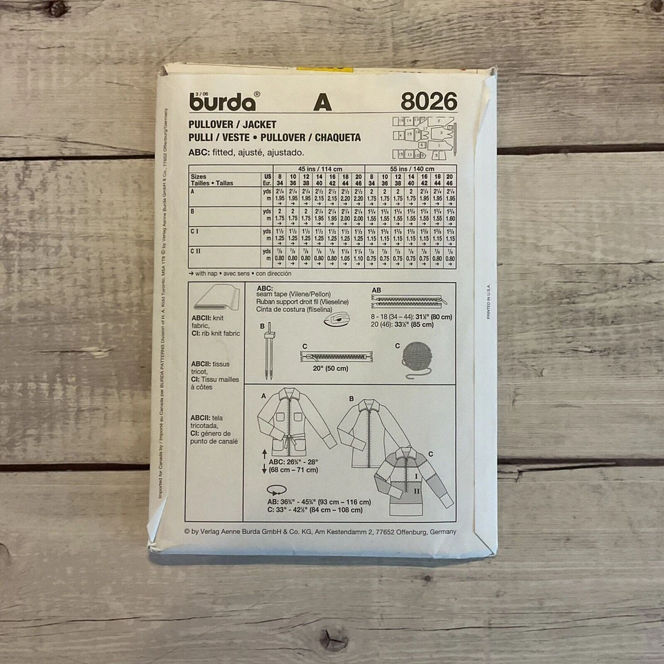 Burda 8026 Sewing Pattern Utility Military Jacket Pockets Collar Size 8-20 UNCUT - Image 2 of 3