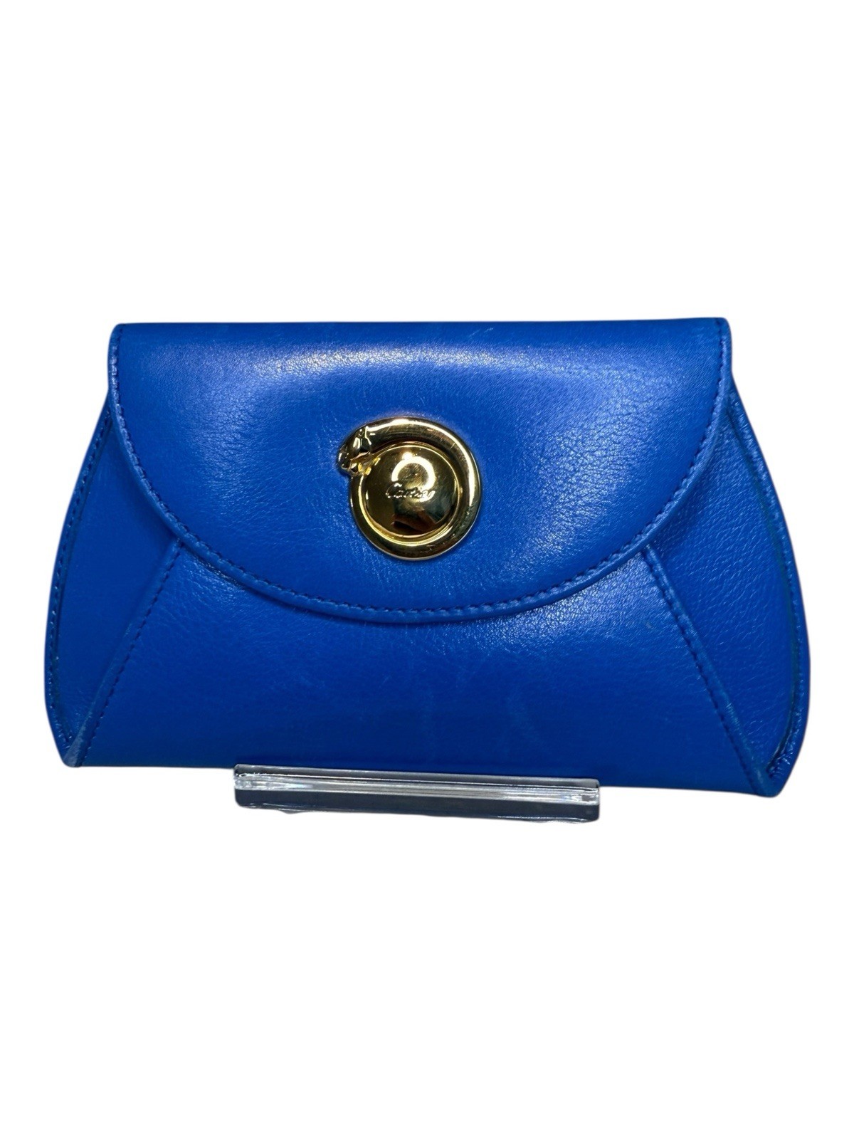 Used Cartier Panthere Pouch Coin Case Bicolor Blue Calf Leather Snap Button Auth