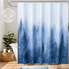 72x72 Inch Blue Misty Forest Nature Waterproof Fabric Shower Curtain Hooks