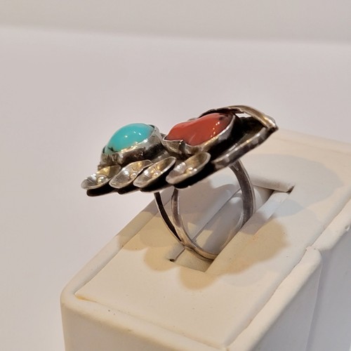Large Native American Old Pawn Ring Red Coral Turquoise Sterling Silver Size 8.5 - Picture 3 of 8