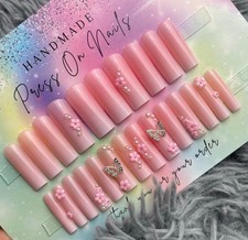 Extra long square nude press on nails ombré pink flowers butterflies pearls