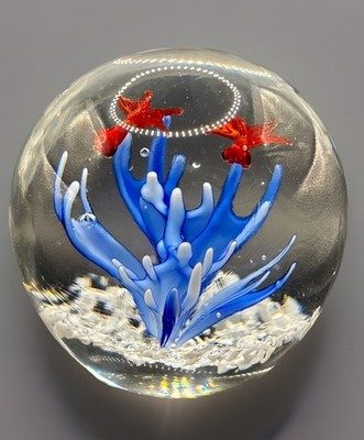 Hand Blown Art Glass Aquarium Squid + Coral Paperweight Orb Fish  Murano Style