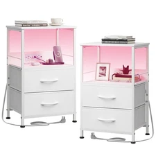 White Night Stand Set of 2 with Charger Station, Nightstand with 2 Fabric Dra...