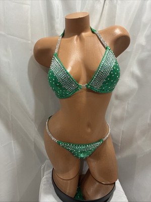 competition Bikini, Suit Green Hologram ￼Handmade 34B  Small Bottom