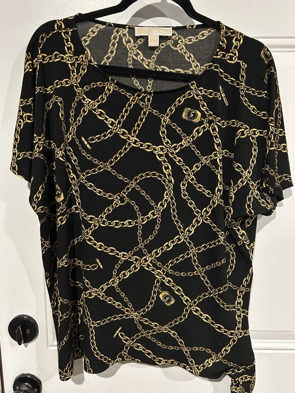 Michael Kors Black Gold Chain Print Round Neck Short Sleeve Blouse L