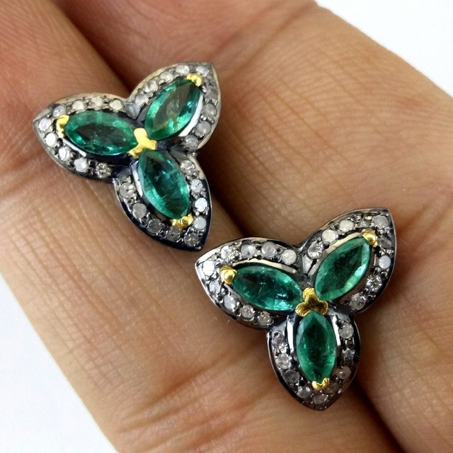 925 Sterling Silver Diamond Emerald Stud Earrings Green Gemstone