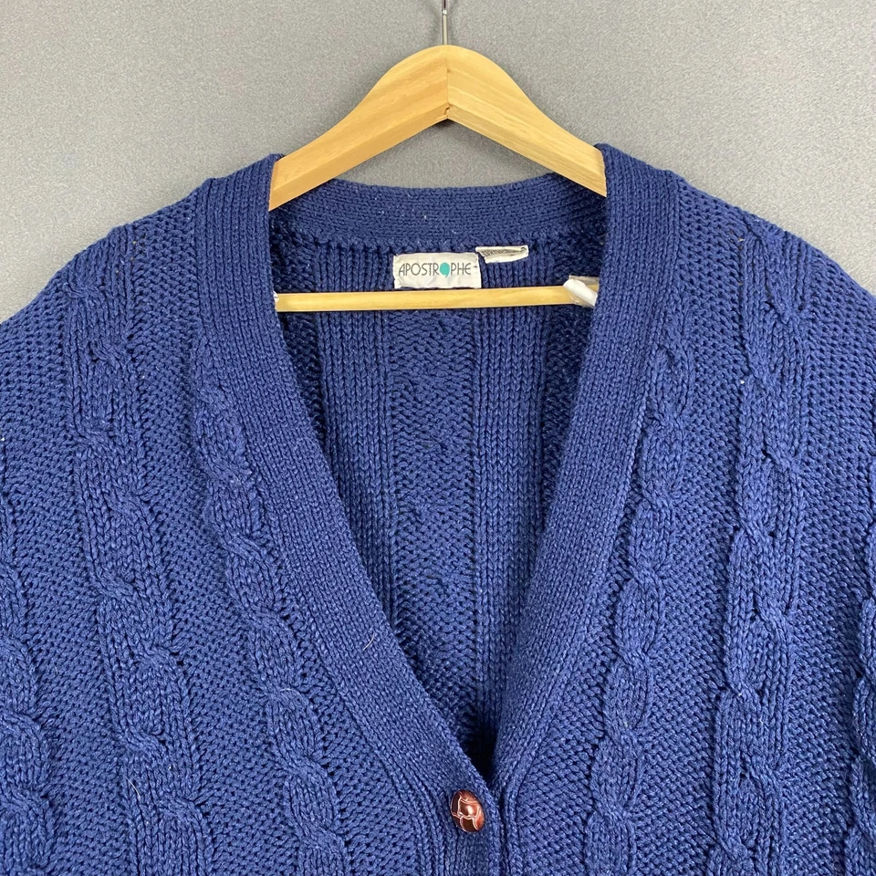 Apostrophe Cardigan Women L Navy Cable Knit V-Neck Button Front Sweater Preppy - Image 2 of 4