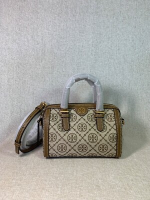NEW Tory Burch T Monogram Hazelnut Tan Logo Jacquard MINI Satchel