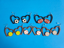Five Pairs Of Sports Themed Heart-shaped Earrings Baseball Football Volleyball