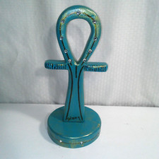 Egyptian Ankh with Stand 14" x 6" Original DelMarq Wood Art Turquoise with Bling