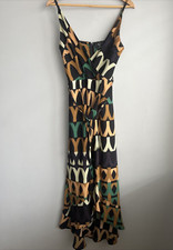 AX PARIS BROWN & GREEN PRINT CREPE FRILL STRAPPY WRAP DRESS UK 10 VGC