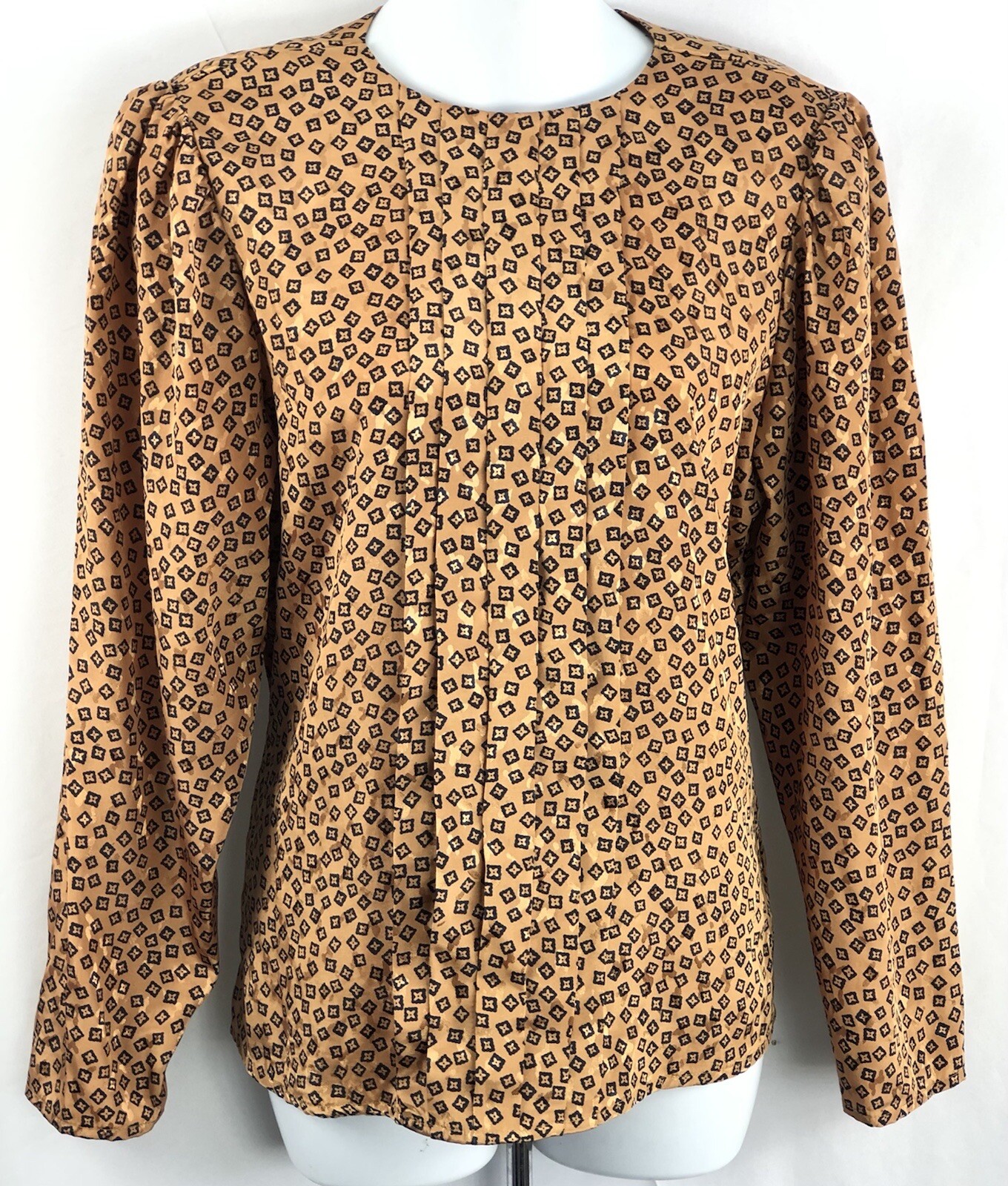 Vintage Jason Roberts Gold Black Geo Pleated Silk Blouse Retro Office Wear