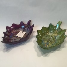 Akcam Glass Bowl Iridescent Frosted Leaf Shape Art Handmade Turkey  Green Purple