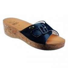 Dr SCHOLL ciabatte zeppa sughero WAPPY BLU pelle plantare memory leggera fibbia