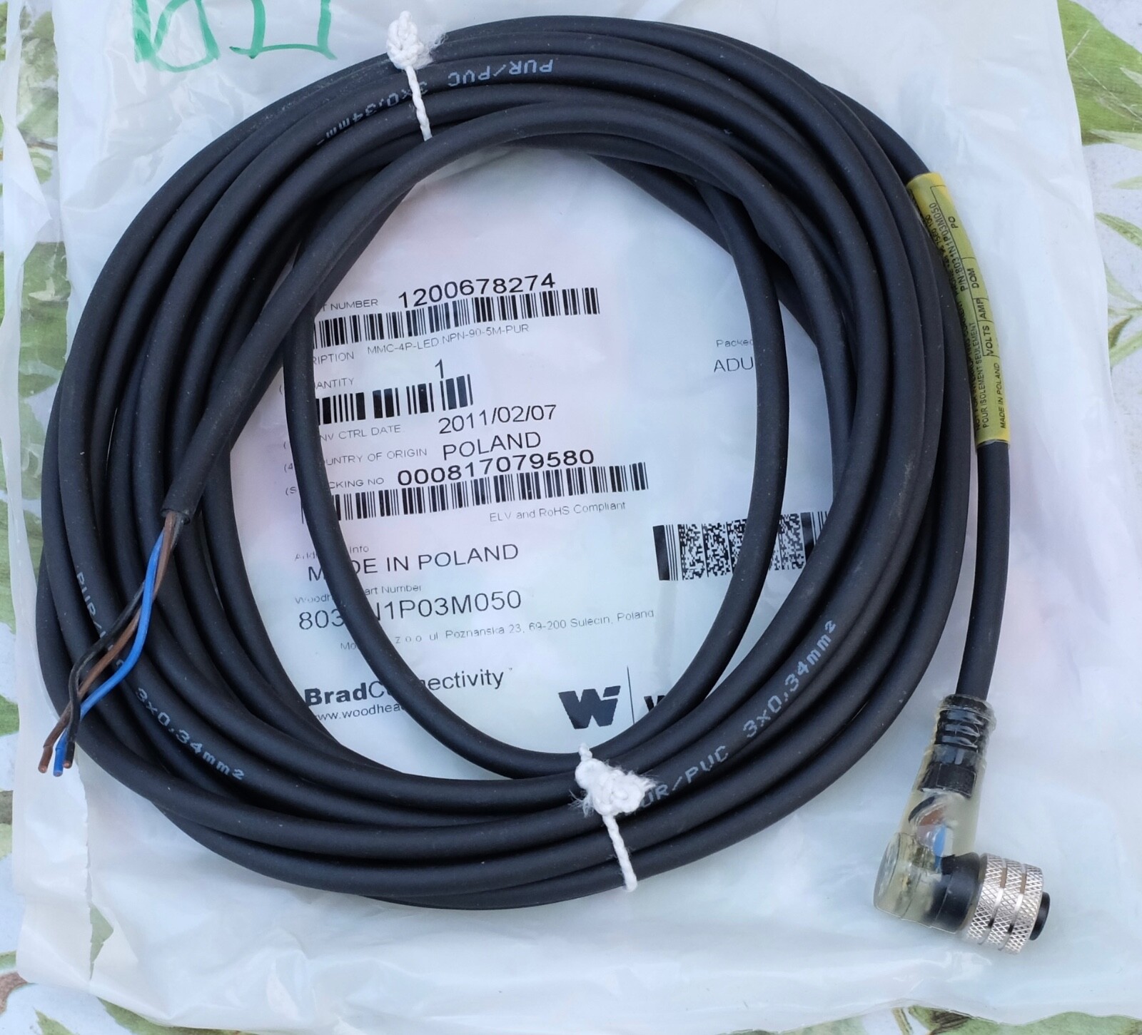 Câble Molex 1200678274 Brad Woodhead haute précision 5m pour automatisme d'usine