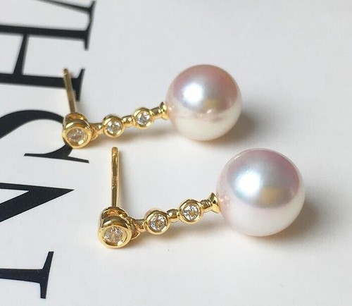 Gorgeous AAAA 7.5-8mm natural akoya white round pearl earrings 18k gold FASHION - Picture 6 of 6