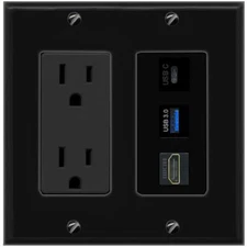 [3 Ports] HD USB-3 USBC Black Wall Plate with 15A Power Outlet