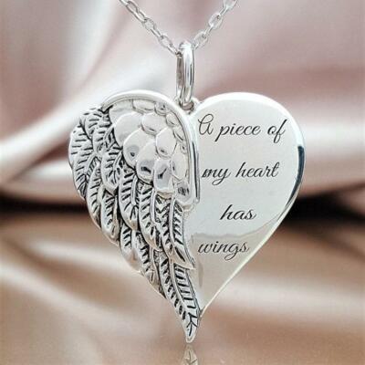 ''Letter A Piece of My Heart Has Wings'' Angel Heart Memorial Keepsake Necklace