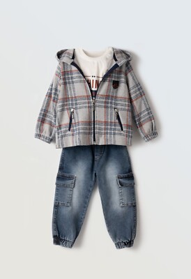 Hashtag Kinder-Outfit mit kariertem Hoodie, T-Shirt und Cargohose in Denim-Optik