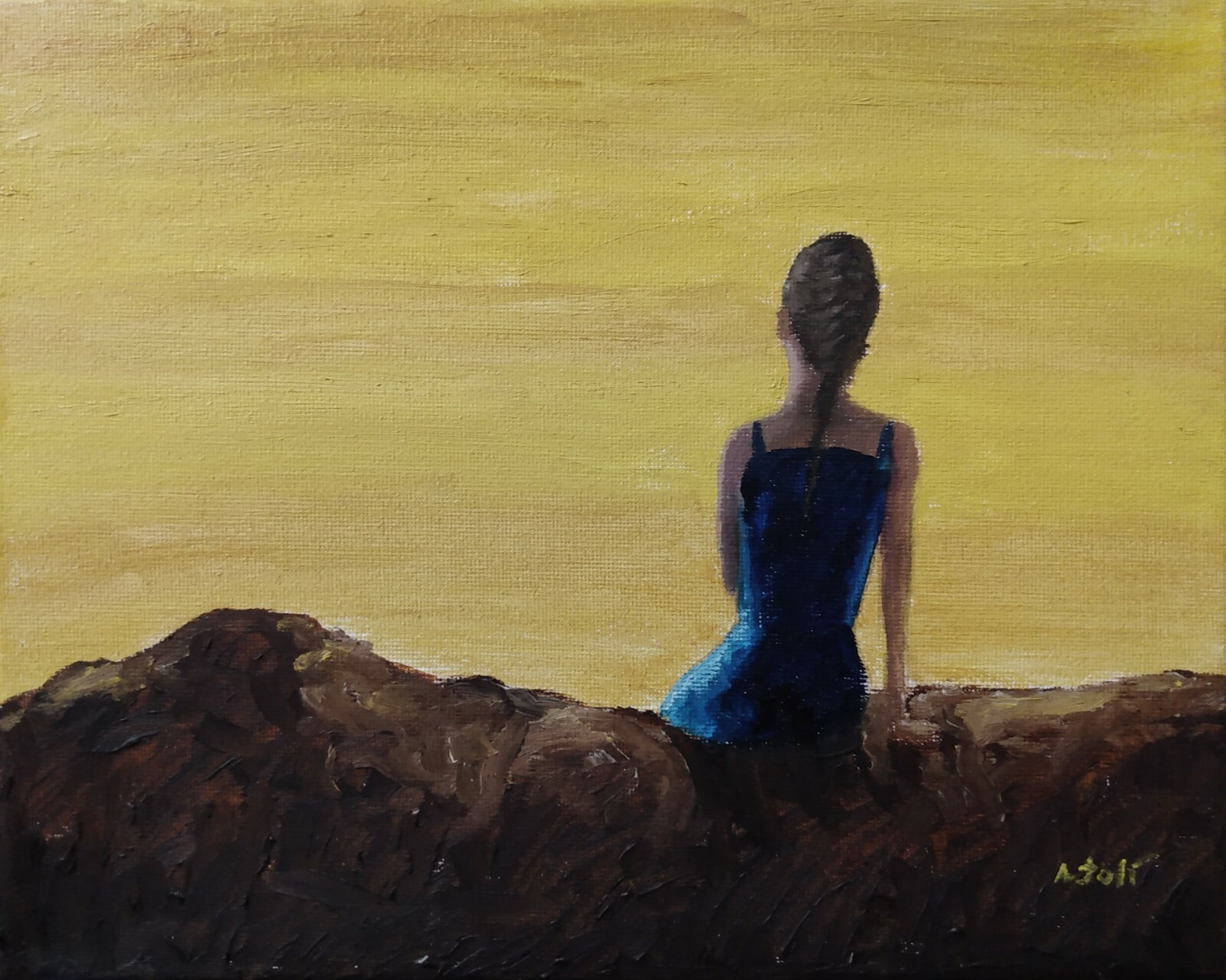 Painting Woman Girl Blue Dress Sunrise Sunset Rocks Landscap