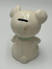 Vintage Ceramic Teddy Bear Still Piggy Bank w/ Blue Bird, Green Bow, Marked 1920 — photo 4