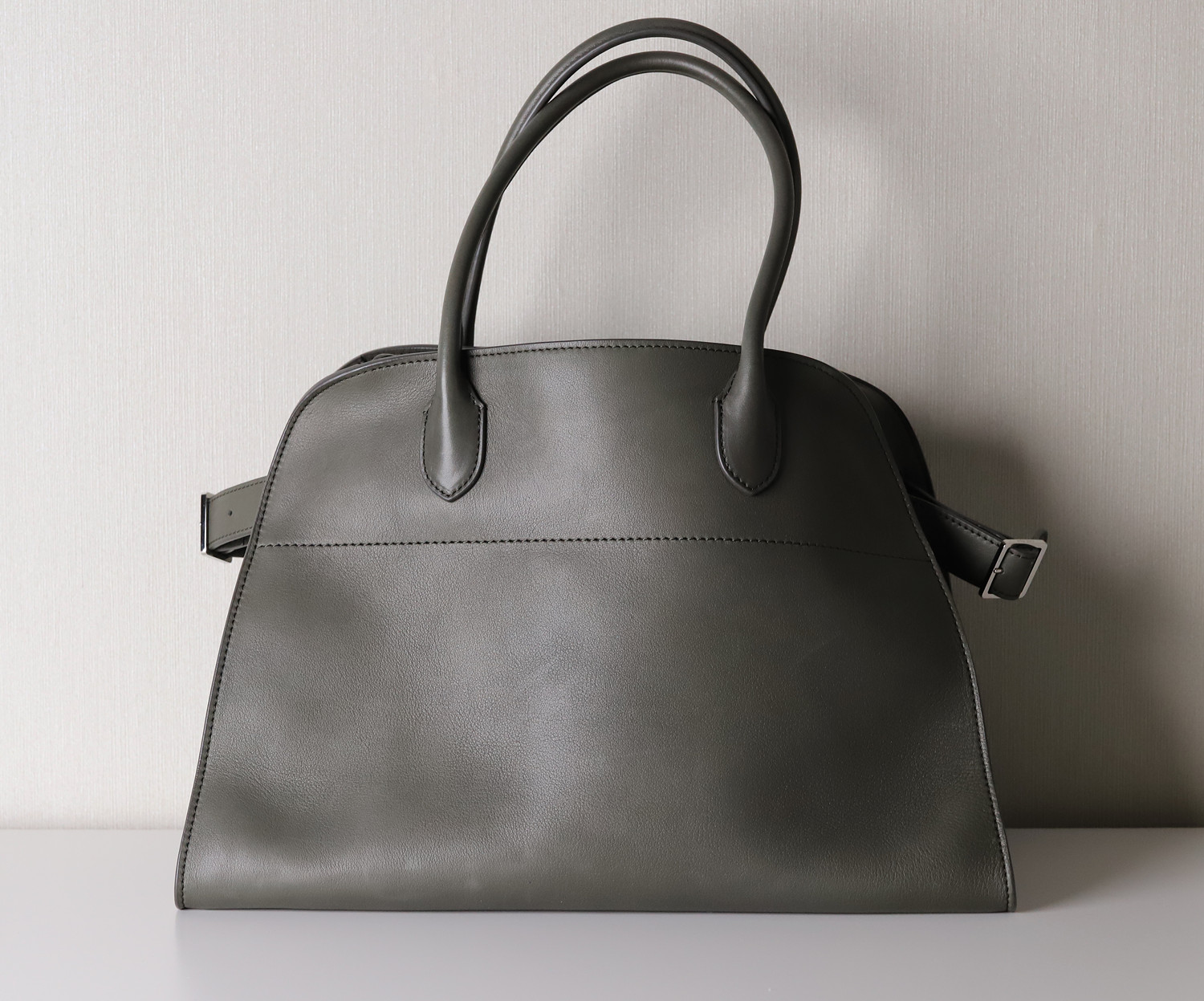 The Row Margaux 15 Bag Polished Saddle Calfskin Leather Koala Grey Soft