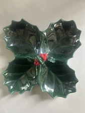 Vintage Lefton Japan Xmas Holly Berry 4-section Ceramic Compote Plate W/ Handle