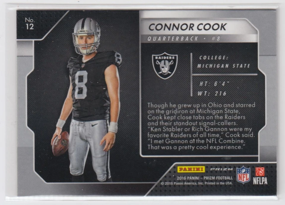 2016 Panini Prizm Rookie Introductions Green Connor Cook Oakland Raiders #12 - Image 2 of 2