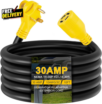 #ad 10Ft Generator Transfer Switch Adapter Cord NEMA TT 30P to L14 30R 3 Prong 30 A $69.64