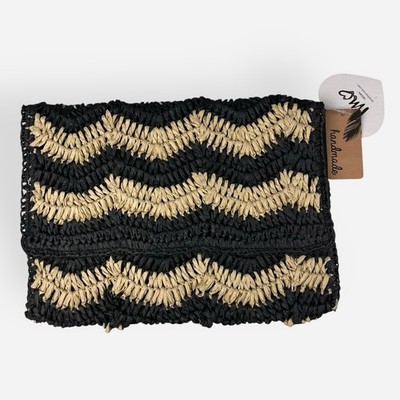 IMO Imoshion Black Beige Straw Boutique Clutch Chevron Stripe Coastal Chic