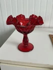 FENTO GLASS RUBY RED THUMBPRINT COMPOTE 6 INCHES TALL