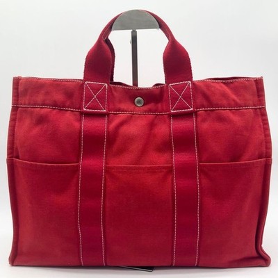 Hermes Fourre Tout MM Canvas Tote Bag Deauville Red A4 Size Made in France