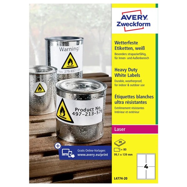 80Er Multipack Avery-Zweckform L4774-20 Folien-Etiketten 99.1 X 139 Mm-image