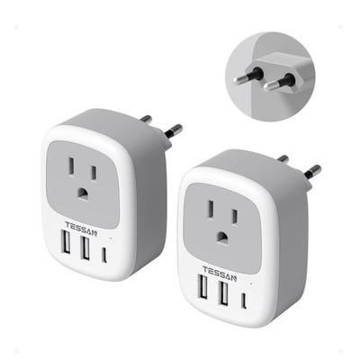 2 Pack European Travel Plug Adapter, TESSAN US to Europe Plug Adapter with 3 USB