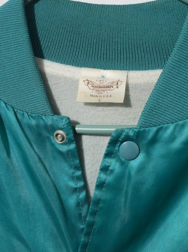 Vintage 1990s Teal Neon Moto Racing Satin Bomber Jacket Men's Size Large - Picture 7 of 13