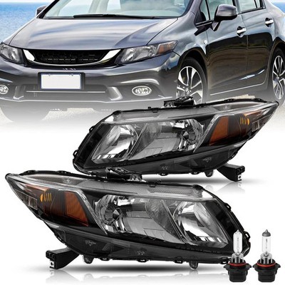 Headlight Pair w/Bulbs 12-15 Civic 4D 12-13 2D Halogen Black Housing LH+RH Amber