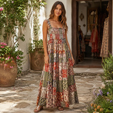 Abel The Label Maxi Dress Sleeveless Smocked Patchwork Print Floral Pink Sz M-C