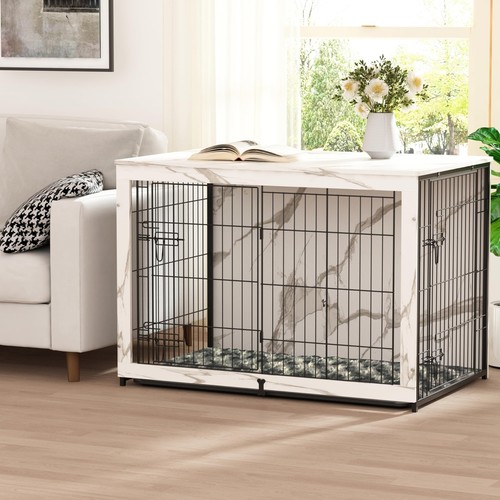 Wooden Dog Crate Furniture with Cushion, Dog Crate End Table with Tray, Doubl...