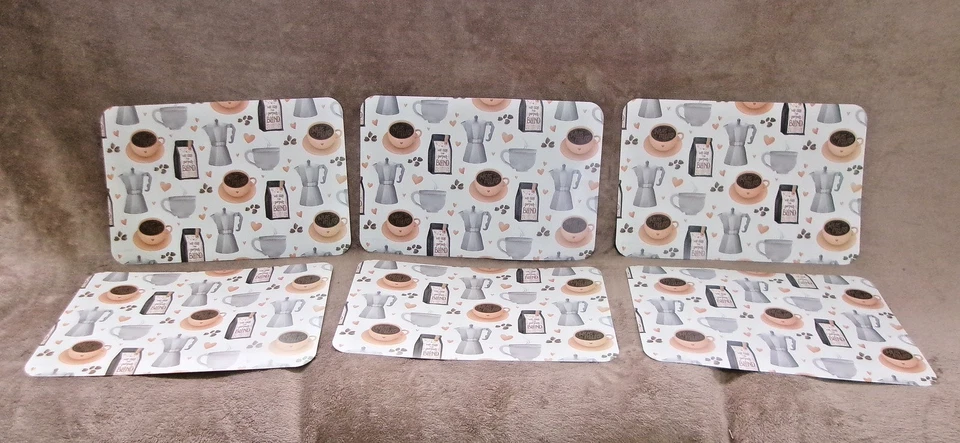 Vinyl Placemats Cups Warm Drinks Theme Easy To Clean Heat Resistance 6 PC NEW - Image 2 of 4