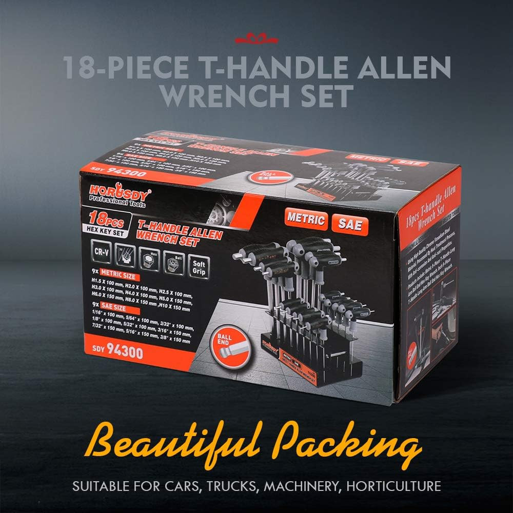 18-Piece T-Handle Allen Wrench Set, Inch/Metric Long Arm Ball End Hex Key Wrench