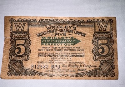 Vintage Wrigley s Spearmint Gum Profit Sharing Coupon Five Wrigleys Advertising