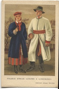 POSTCARD Poland folk costumes ethnic type Lowicz antique traditional fashion art