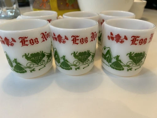 Vintage Hazel Atlas Village Red Green Milk Glass Egg Nog Mugs - Set of 6