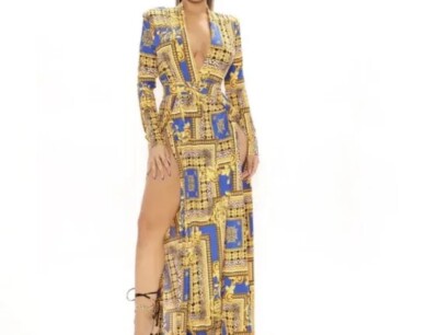 NWT Fashion Nova Spree Maxi Dress Blue Gold Size Small New Sexy Double Slit  | eBay