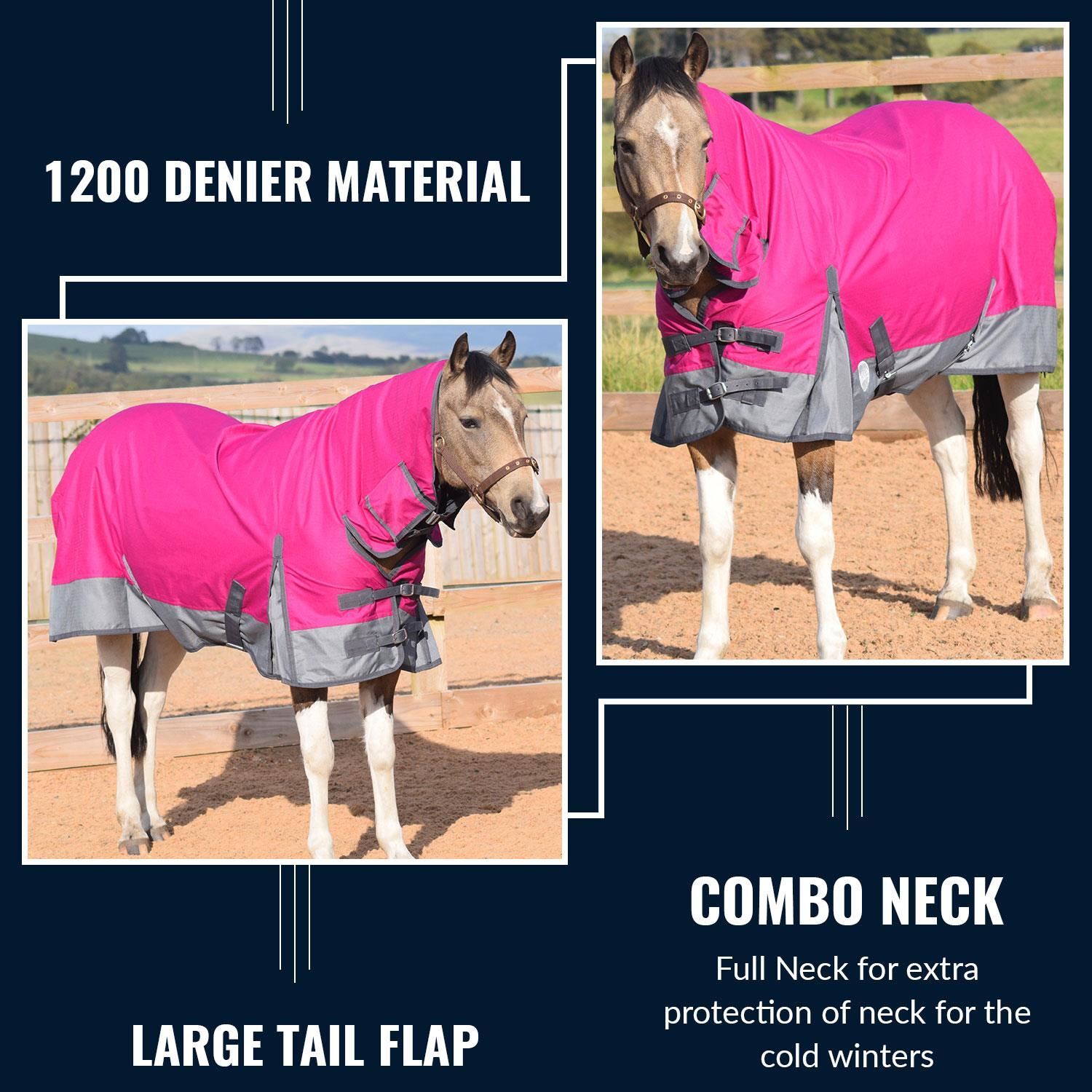 1200D Horse Turnout Rug Waterproof Combo Full Neck Raspberry/Grey 5'3