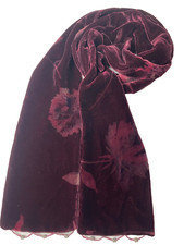 Vintage Burgundy Velvet Scarf with Floral Pattern and Beaded Trim - 76"x4"